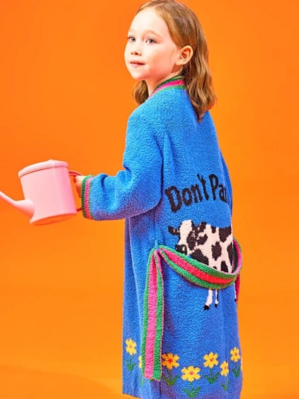Wiggle Wiggle Blue “Don’t Panic”‎ Cow Print  Floral Fuzzy Lounge Kids Tie Robe